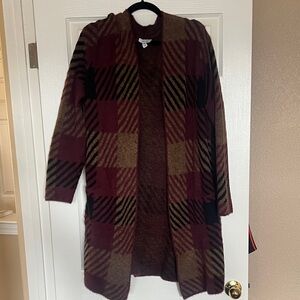 Nine West Burgundy and Brown Checkered Cardigan